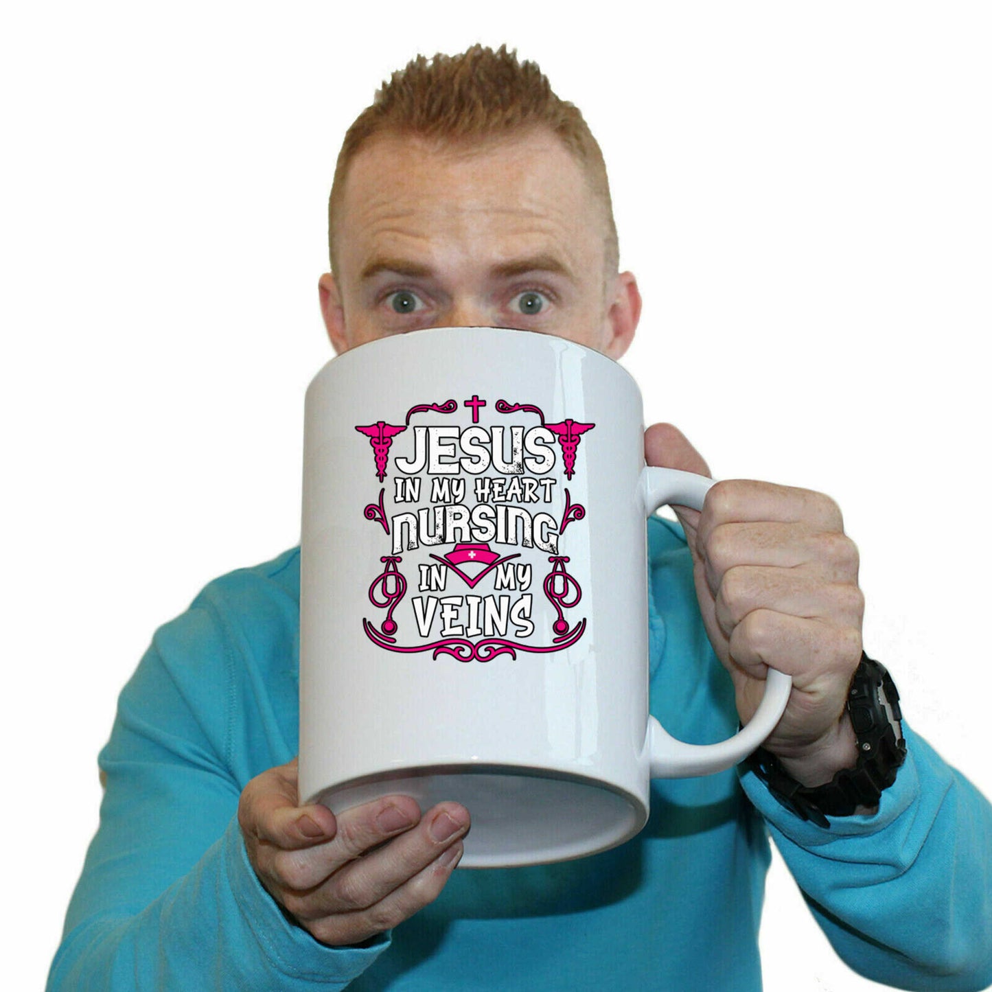 Jesus In My Heart Nursing In My Veins - Funny Giant 2 Litre Mug