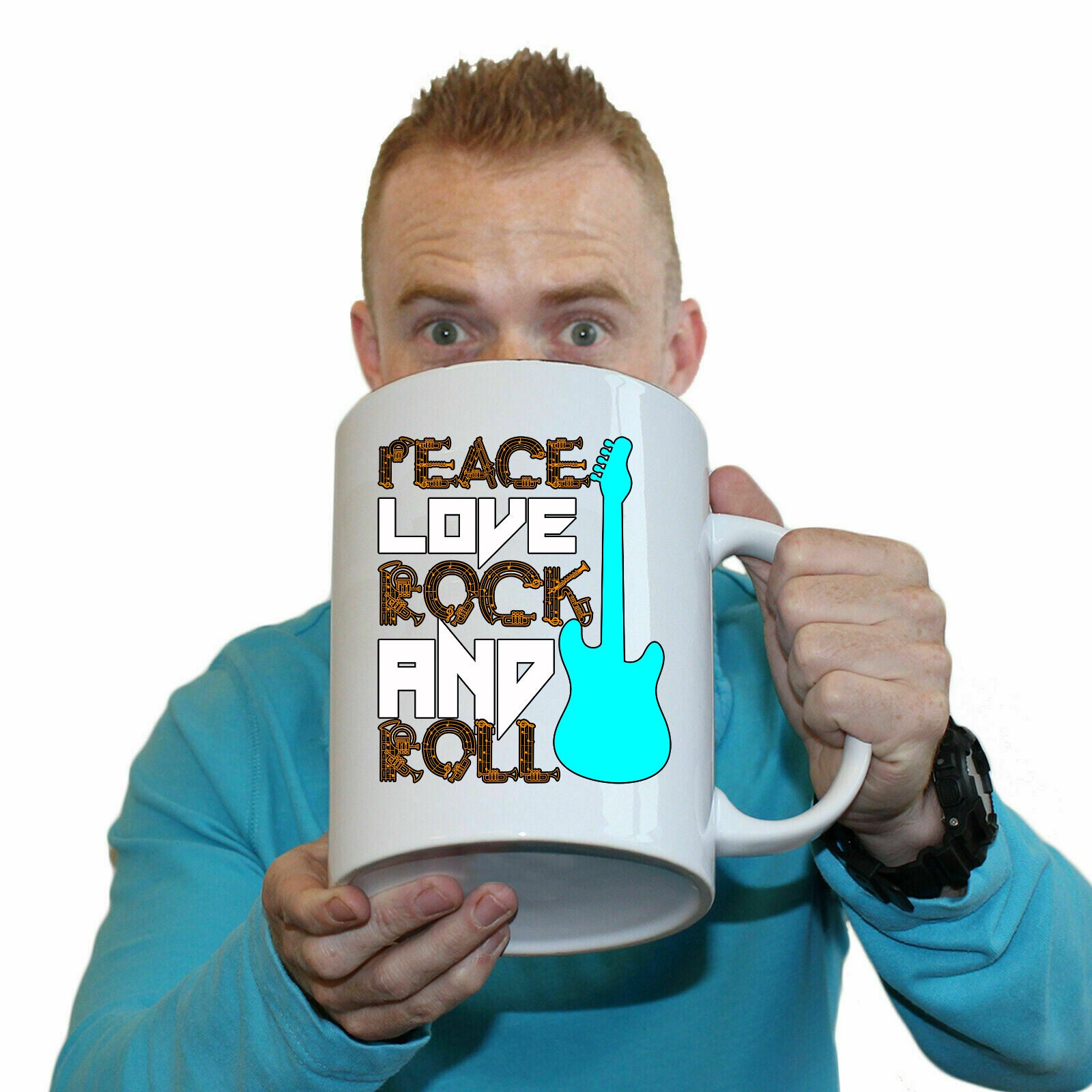 Peace Love Rock And Roll Guitar - Funny Giant 2 Litre Mug