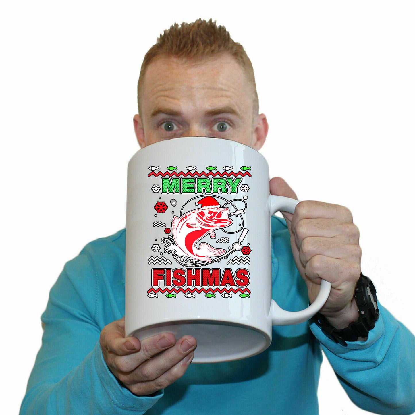 Merry Fishmas Christmas Xmas Fish Fishing - Funny Giant 2 Litre Mug